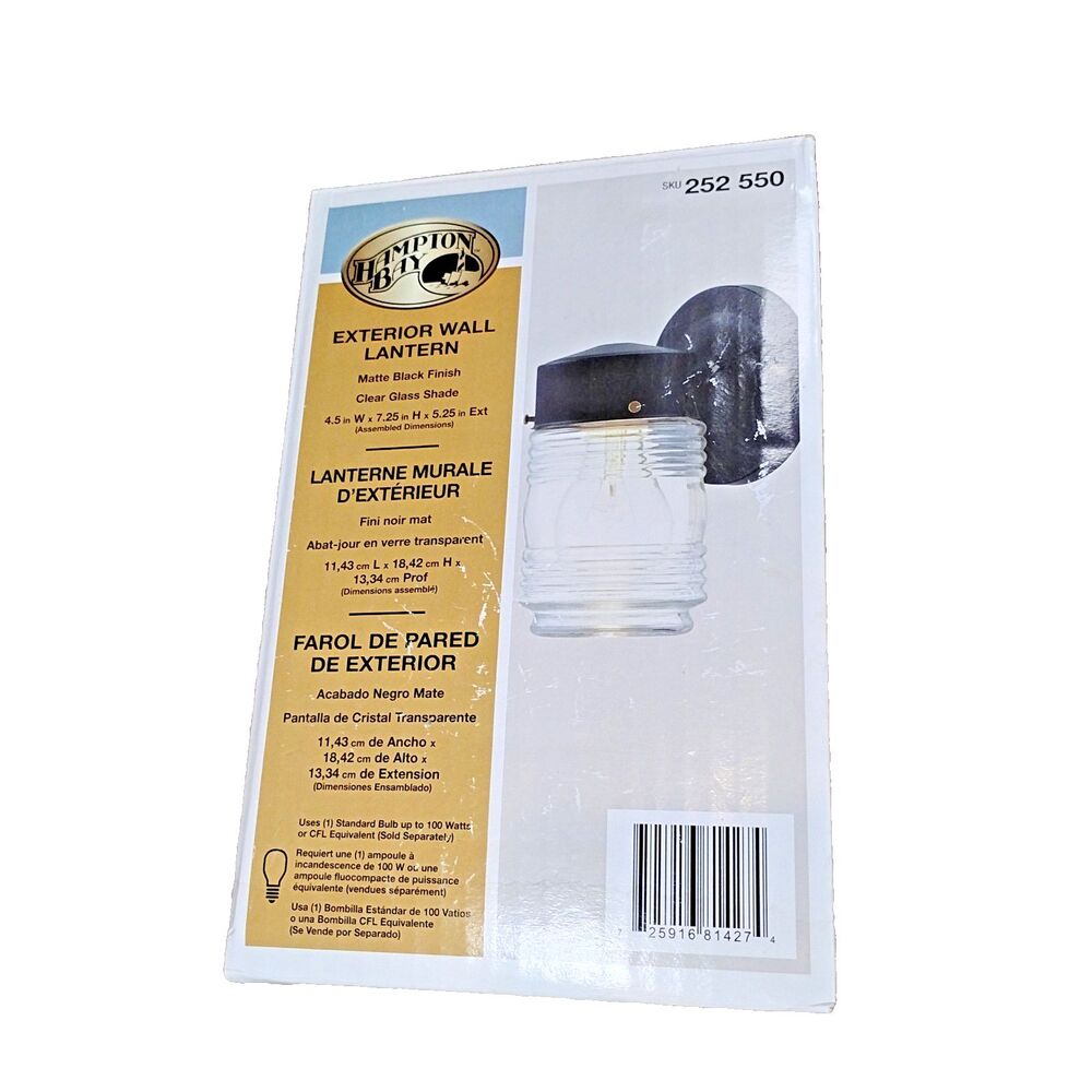 Hampton Bay Outdoor Wall Lantern Light 252 550 Matte Black Clear Glass Sconce